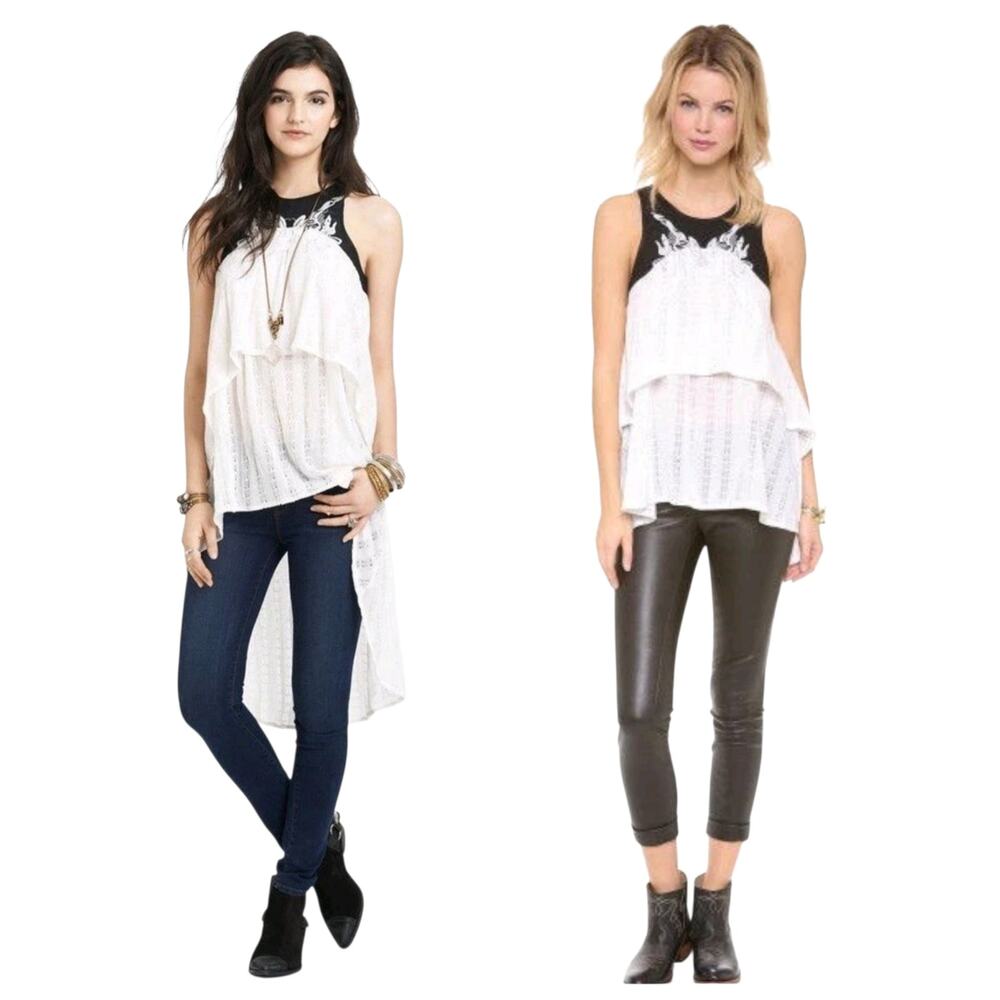 Free People Snow White Lace w/Faux Leather Embroidered Tunic Top Sz XS